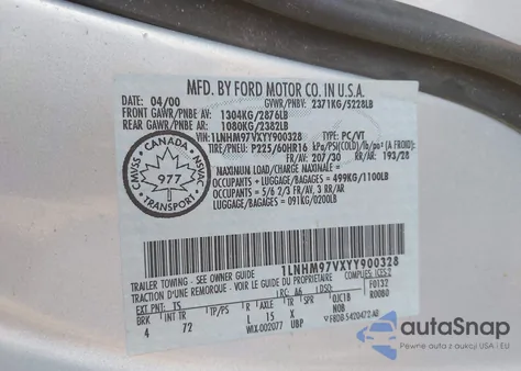 2000 Lincoln Continental z USA, uszkodzony, nr VIN 1LNHM97VXYY900328